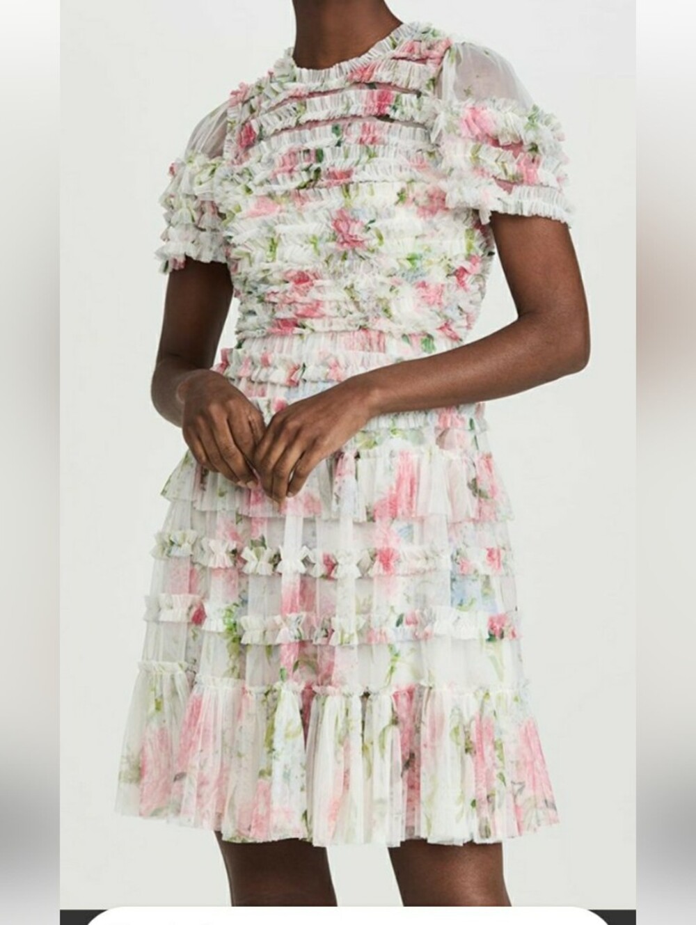 Needle & Thread Sweet Posy Ruffle Mini Dress Pink Floral Textured Romantic - Picture 14 of 14